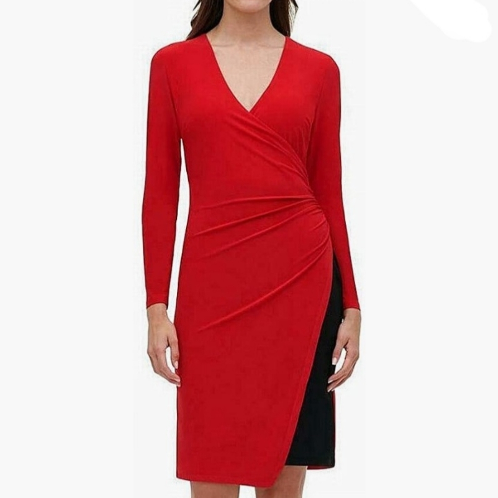 Long Sleeve VNeck Color Block Midi SheathDress Black Red